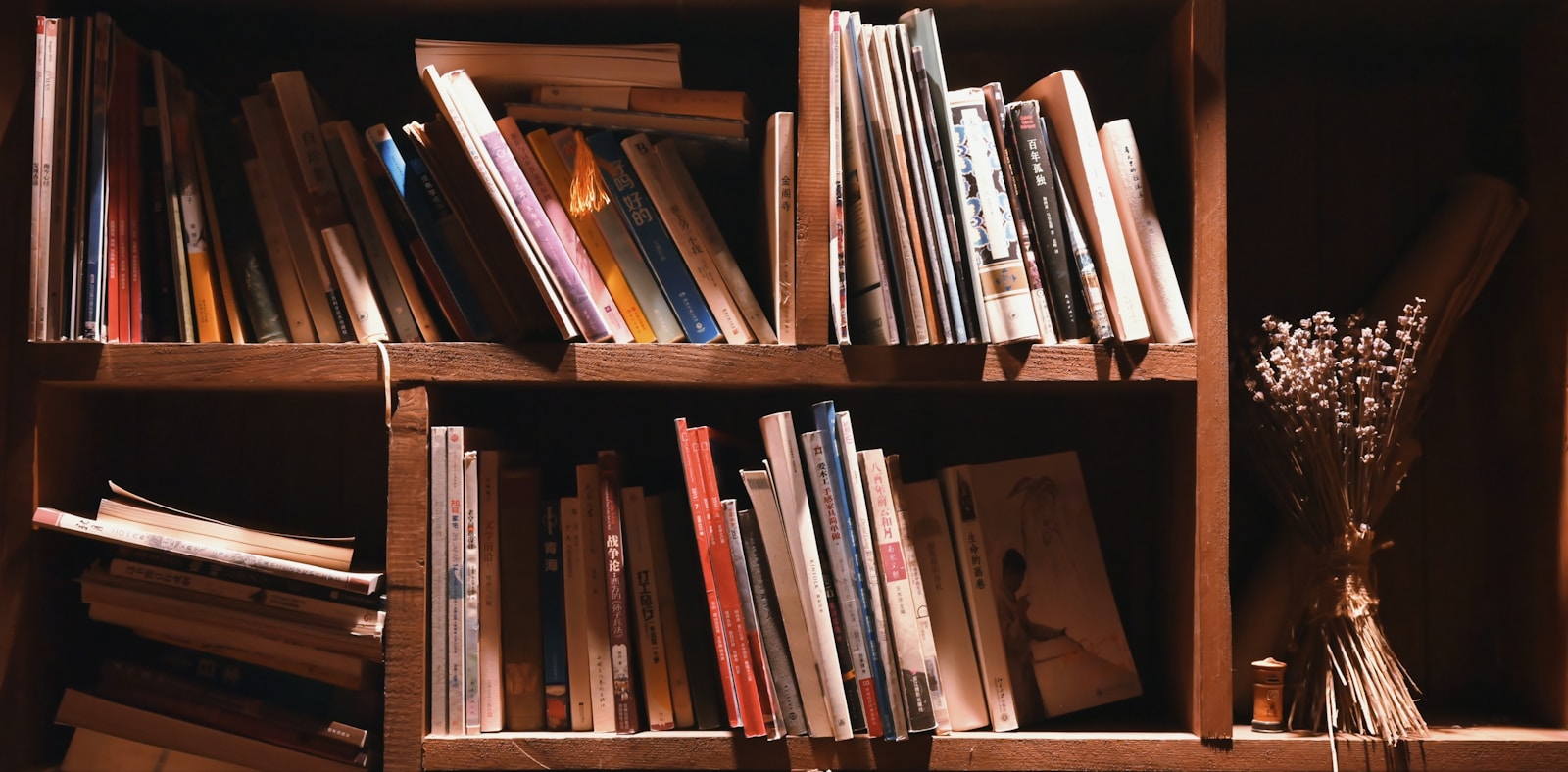 books on brown wooden shelf