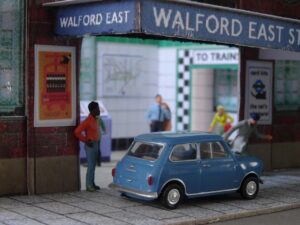 model car, mini, cooper, morris, subway, walford east station, station, england, tube, model train, diorama, toy